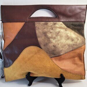 HOBO The Original Velvet Hide Patchwork Leather Clutch Tote – Brown Multi – NWT
